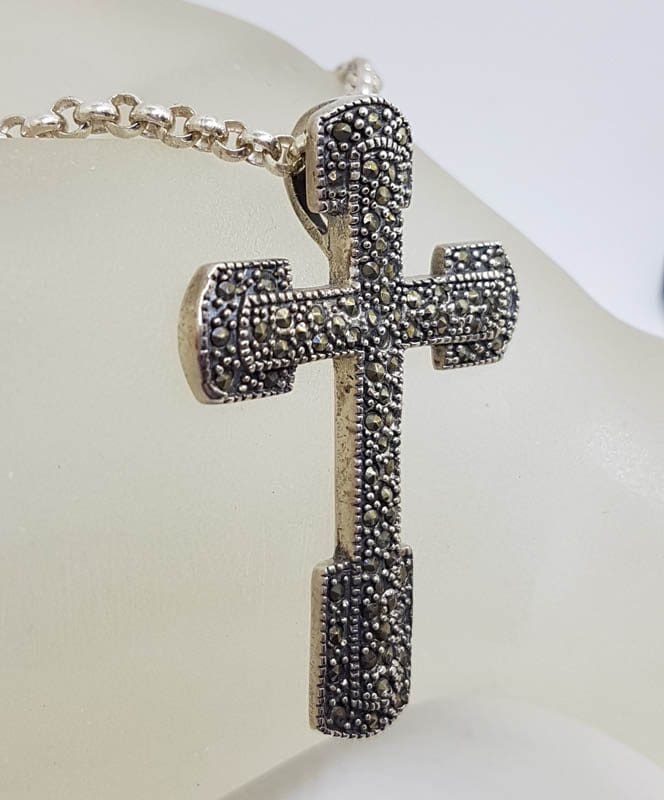 20210728_220518 Sterling Silver Marcasite Large Cross / Crucifix Pendant on Sterling Silver Chain