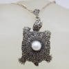 Sterling Silver Marcasite & Pearl Turtle Pendant on Sterling Silver Chain