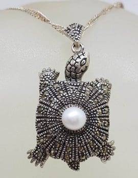 Sterling Silver Marcasite & Pearl Turtle Pendant on Sterling Silver Chain
