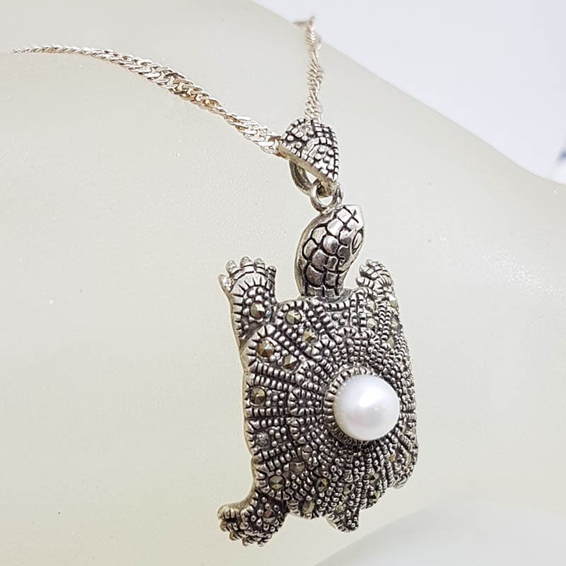 Sterling Silver Marcasite & Pearl Turtle Pendant on Sterling Silver Chain