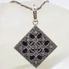 Sterling Silver Marcasite, Cubic Zirconia & Onyx Large Ornate Square Enhancer Pendant on Sterling Silver Chain