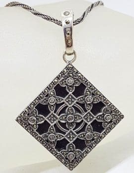 Sterling Silver Marcasite, Cubic Zirconia & Onyx Large Ornate Square Enhancer Pendant on Sterling Silver Chain