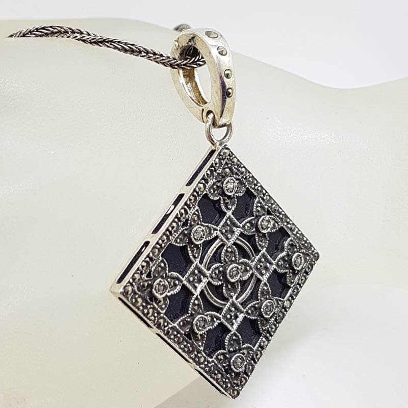 Sterling Silver Marcasite, Cubic Zirconia & Onyx Large Ornate Square Enhancer Pendant on Sterling Silver Chain