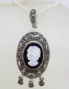 Sterling Silver Marcasite, Onyx and Mother of Pearl Cameo Pendant on Sterling Silver Chain