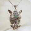 Sterling Silver Marcasite, Emerald, Ruby and Sapphire Boar Head Pendant on Sterling Silver Chain