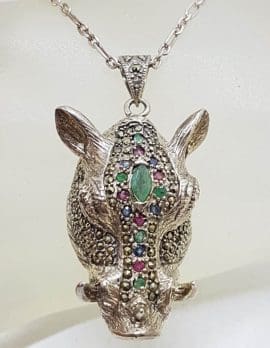 Sterling Silver Marcasite, Emerald, Ruby and Sapphire Boar Head Pendant on Sterling Silver Chain