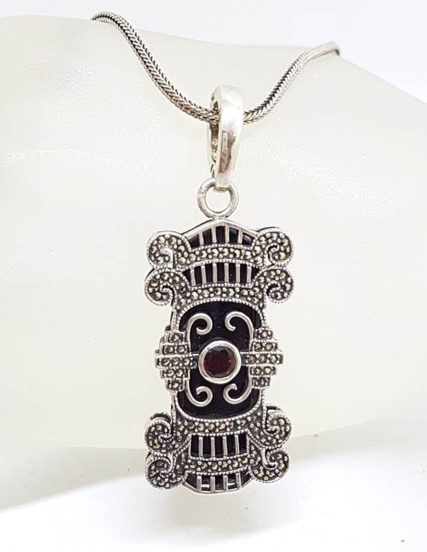 Sterling Silver Large Ornate Onyx, Marcasite and Garnet Art Deco Style Pendant on Silver Chain