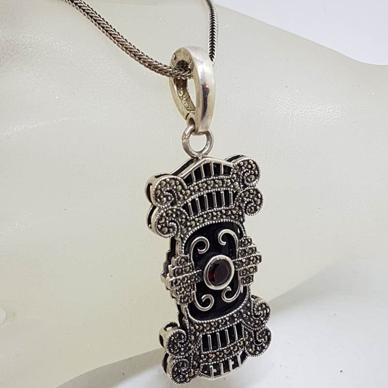 Sterling Silver Large Ornate Onyx, Marcasite and Garnet Art Deco Style Pendant on Silver Chain