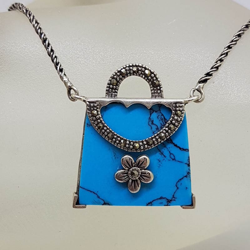 Sterling Silver Marcasite with Blue Handbag Long Necklace