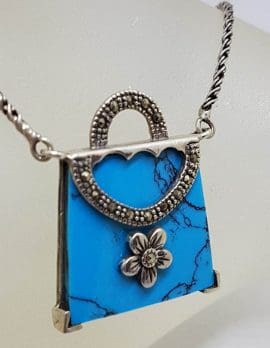 Sterling Silver Marcasite with Blue Handbag Long Necklace
