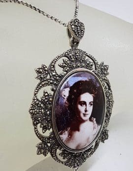 Sterling Silver Marcasite & Enamel Ladies Portrait Ornate Pendant on Sterling Silver Chain - Lady Head