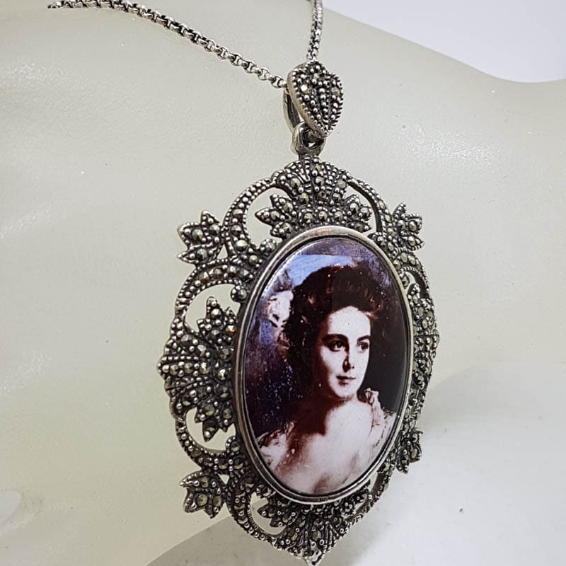 20210728_221416 Sterling Silver Marcasite & Enamel Ladies Portrait Ornate Pendant on Sterling Silver Chain - Lady Head