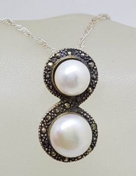 Sterling Silver Marcasite & Pearl Pendant on Sterling Silver Chain