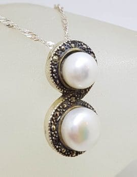 Sterling Silver Marcasite & Pearl Pendant on Sterling Silver Chain