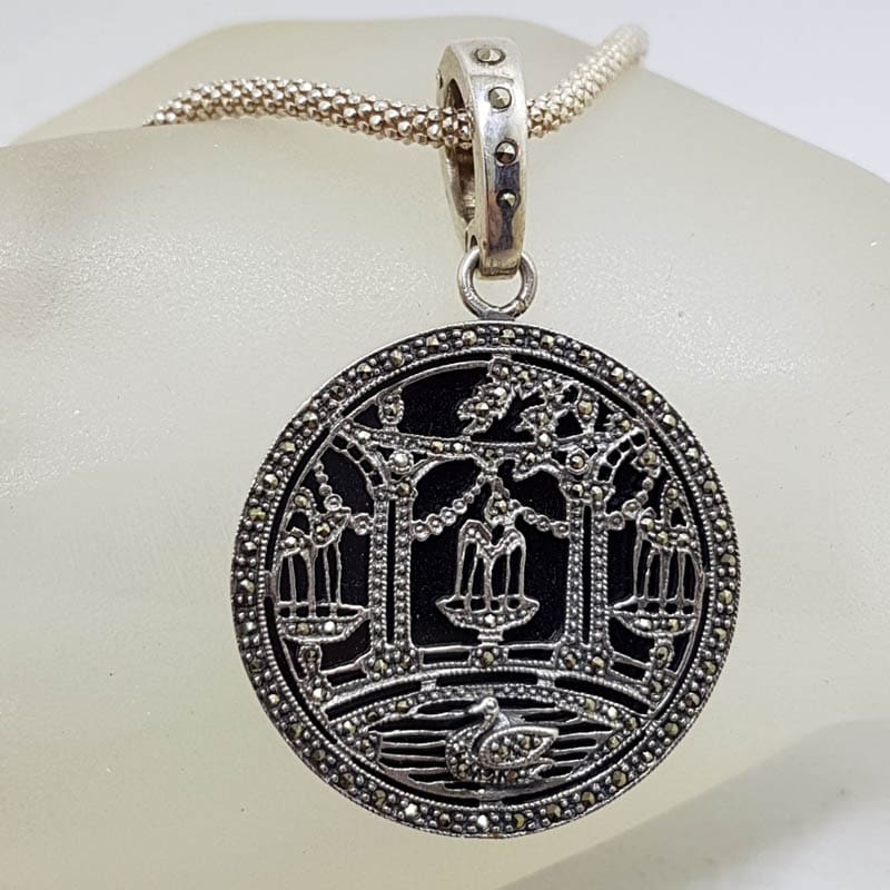 Sterling Silver Very Large Round Marcasite and Black Onyx Ornate Design Enhancer Pendant on Silver Chain - Swan on Lake in Front of Bridge and Trees Scenery - Romantic