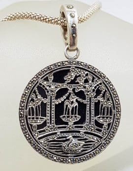 Sterling Silver Very Large Round Marcasite and Black Onyx Ornate Design Enhancer Pendant on Silver Chain - Swan on Lake in Front of Bridge and Trees Scenery - Romantic