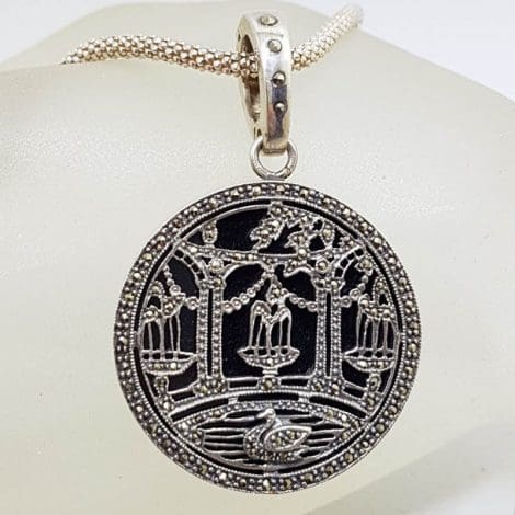 Sterling Silver Very Large Round Marcasite and Black Onyx Ornate Design Enhancer Pendant on Silver Chain - Swan on Lake in Front of Bridge and Trees Scenery - Romantic