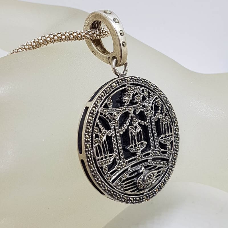 Sterling Silver Very Large Round Marcasite and Black Onyx Ornate Design Enhancer Pendant on Silver Chain - Swan on Lake in Front of Bridge and Trees Scenery - Romantic