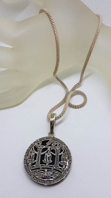 Sterling Silver Very Large Round Marcasite and Black Onyx Ornate Design Enhancer Pendant on Silver Chain - Swan on Lake in Front of Bridge and Trees Scenery - Romantic