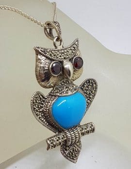Sterling Silver Large Marcasite with Blue Body & Red Eyes Owl Pendant on Sterling Silver Chain