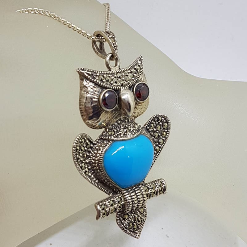 Sterling Silver Large Marcasite with Blue Body & Red Eyes Owl Pendant on Sterling Silver Chain
