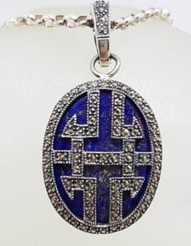 Sterling Silver Large Oval Marcasite and Lapis Lazuli Ornate Design Enhancer Pendant on Silver Chain