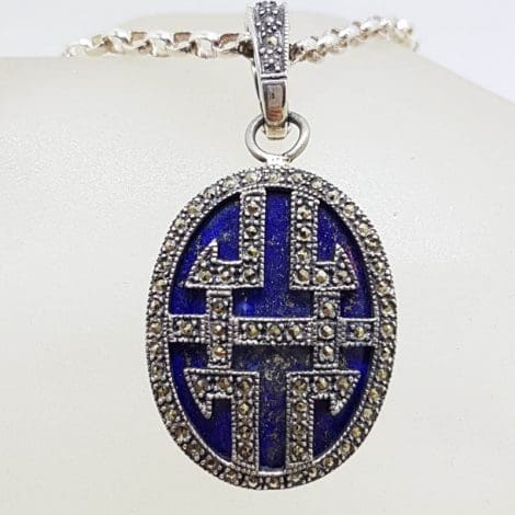 Sterling Silver Large Oval Marcasite and Lapis Lazuli Ornate Design Enhancer Pendant on Silver Chain