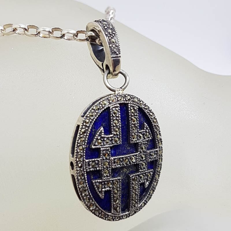 Sterling Silver Large Oval Marcasite and Lapis Lazuli Ornate Design Enhancer Pendant on Silver Chain