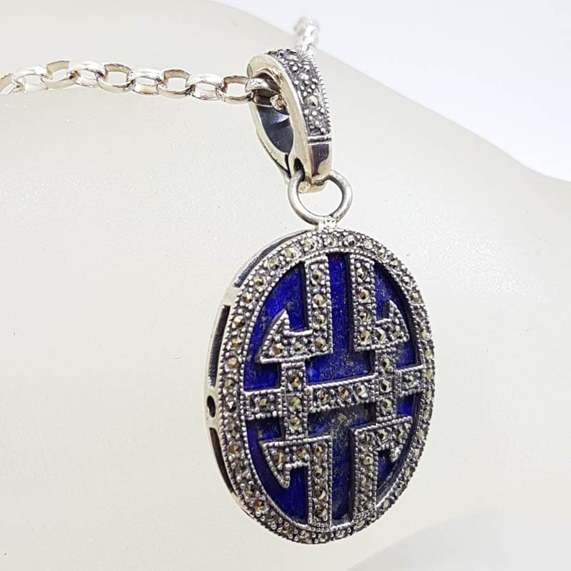Sterling Silver Large Oval Marcasite and Lapis Lazuli Ornate Design Enhancer Pendant on Silver Chain