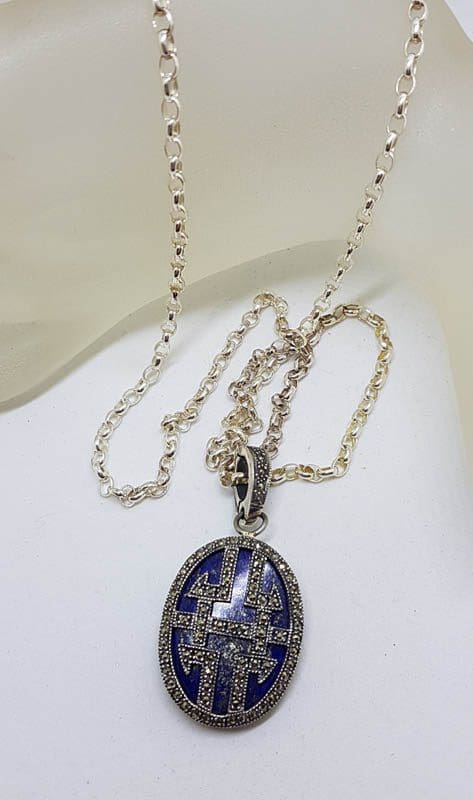 Sterling Silver Large Oval Marcasite and Lapis Lazuli Ornate Design Enhancer Pendant on Silver Chain