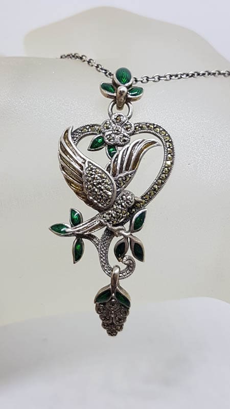 20210728_222001 Sterling Silver Marcasite, Green & Red Enamel Long Floral with Bird Pendant on Sterling Silver Chain
