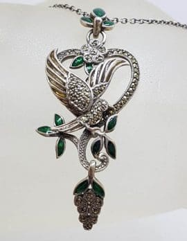Sterling Silver Marcasite, Green & Red Enamel Long Floral with Bird Pendant on Sterling Silver Chain