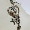 Sterling Silver Marcasite, Green & Red Enamel Long Floral with Bird Pendant on Sterling Silver Chain
