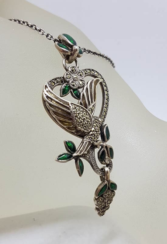 20210728_222101 Sterling Silver Marcasite, Green & Red Enamel Long Floral with Bird Pendant on Sterling Silver Chain