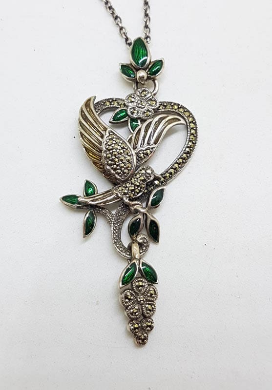 20210728_222116 Sterling Silver Marcasite, Green & Red Enamel Long Floral with Bird Pendant on Sterling Silver Chain