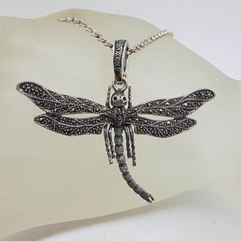 Sterling Silver Large Marcasite Dragonfly Enhancer Pendant on Silver Chain