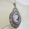 Sterling Silver Ornate Large Marcasite & Cameo - Blue Agate - Ladies Face Pendant on Sterling Silver Chain