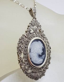 Sterling Silver Ornate Large Marcasite & Cameo - Blue Agate - Ladies Face Pendant on Sterling Silver Chain