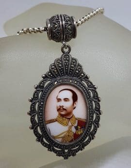 Sterling Silver Marcasite Large Oval Enamel Locket (Prince of Thailand) Pendant on Sterling Silver Chain