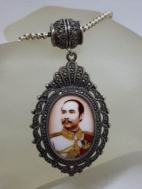 Sterling Silver Marcasite Large Oval Enamel Locket (Prince of Thailand) Pendant on Sterling Silver Chain
