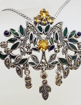 Sterling Silver Marcasite with Citrine and Green Enamel Large Floral Ornate Pendant on Sterling Silver Chain