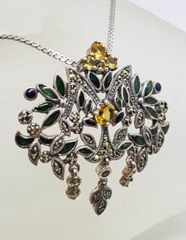Sterling Silver Marcasite with Citrine and Green Enamel Large Floral Ornate Pendant on Sterling Silver Chain