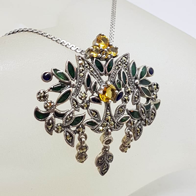 20210728_222507 Sterling Silver Marcasite with Citrine and Green Enamel Large Floral Ornate Pendant on Sterling Silver Chain