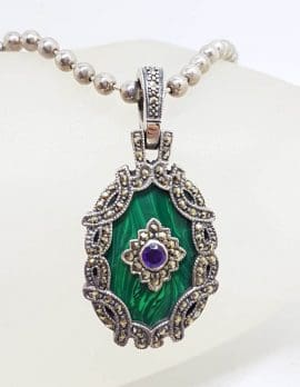 Sterling Silver Large Oval Ornate Marcasite with Malachite and Amethyst Enhancer Pendant on Thick Silver Chain