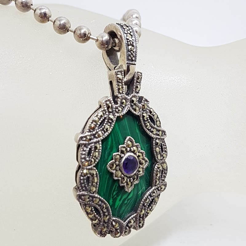 Sterling Silver Large Oval Ornate Marcasite with Malachite and Amethyst Enhancer Pendant on Thick Silver Chain