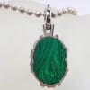 Sterling Silver Large Oval Ornate Marcasite with Malachite and Amethyst Enhancer Pendant on Thick Silver Chain