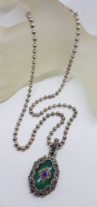 Sterling Silver Large Oval Ornate Marcasite with Malachite and Amethyst Enhancer Pendant on Thick Silver Chain