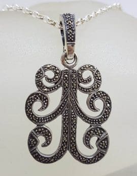 Sterling Silver Large Marcasite Ornate Design Enhancer Pendant on Silver Chain