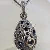 Sterling Silver Large Open Circle Design Large Egg / Oval Shaped Marcasite Enhancer Pendant on Silver Chain