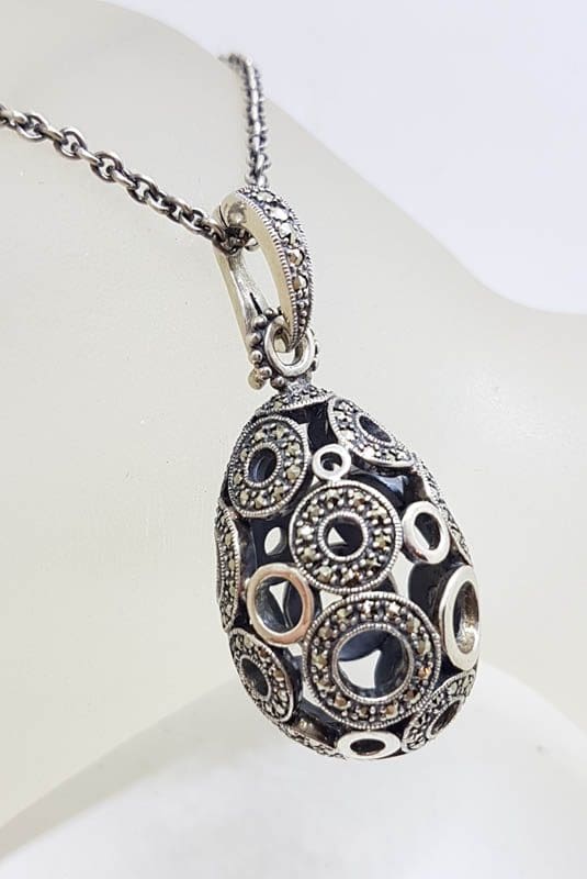 Sterling Silver Large Open Circle Design Large Egg / Oval Shaped Marcasite Enhancer Pendant on Silver Chain